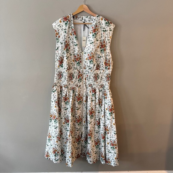 Anthropologie Tommie Zip Front Midi Dress NWT 3X Ivory Comb Floral Smocked Plus - Picture 4 of 16